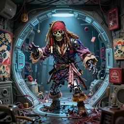 rotten zombie jack sparrow [ covered in wires ] emerges from a cybercore portal in my disgusting room in the basement, 1 6 mm, surrounding a futuristic japanese cyberpunk bladerunner silk screen by utagawa yoshiiku, ohara koson, pixiv contest winner, cyberpunk style, horrorcore cyberpunk color scheme, mechanical, robotic, human machine interface, high resolution, hd, bold clear lines