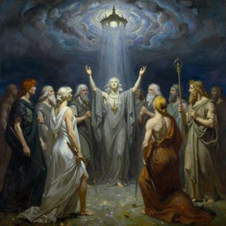 beautiful matte painting, scions of hyperborea, the elders of thule, ominous sky, elsritxh ceremony, oil on canvas, by frank frazetta and alphonse mucha and greg rutkowski