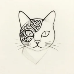 tattoo sketch of a cat with one eye, on a paper, maori ornament, polinesian style, minimalism, line art, vector, geometric