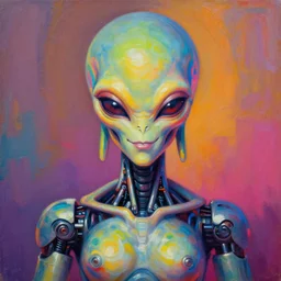 a perfectly centered portrait of an alien biomechanical robot buddha, female, intense stare, sarcastic smile, volumetric lighting, volumetric shadows, highly detailed, psychedelic colors, realistic oil painting by tim hilderbrandt and alex grey,