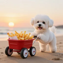 a photorealistic photograph of a smiling white Bichon Frisé puppy pulling a little red wagon that is overflowing with french fries during sunset at the beach Trending on Artstation, featured on Behance, well-rendered, Unreal Engine, 4K HD