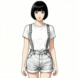 lineart of a woman with black hair pixie cut in shorts with suspenders and white t-shirt drawn by anime, Alexandre Cabanel, norman rockwell, peter paul rubens, maler collier, frank frazetta, alphonse mucha, gustav klimt 4k, unreal 5, DAZ, french noveau, trending on artstation, octane render, hyperrealistic