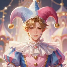award winning digital portrait of a feminine attractive male jester / fool by sakimichan with soft facial features, hot male art by sakimichan, beautiful carnival with soft pastel colors and lights, trending artstation, digital art, aesthetic, bloom, intricate, elegant, sharp focus, digital illustration, highly detailed, octane render, digital painting, concept art, artgerm, fantasy, masterpiece, by lisa buijteweg and sakimichan