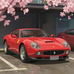 a wholesome animation key shot of a focused old ferrari car in a car park, close   shot, studio Ghibli, Pixar and Disney animation, sharp, very detailed, high resolution, Rendered in Unreal Engine 5, anime key art by Greg Rutkowski, Bloom, dramatic lighting