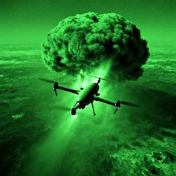 combat drone strike war footage, ir, infrared, saturated with green tint, very high contrast, nuclear cloud, high angle vertical, dirty, grainy, noisy, bad drone camera