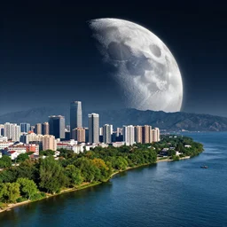 a city on the moon with trees. river in the foreground. ocean in on the right. half lit earth in the sky from moon. moon mountains in the background