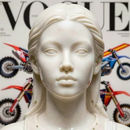 close up portrait of extremely beautiful female black marble statue in the style of virgil abloh, colorful motocross logos behind her, sharp focus, clear, detailed,, cinematic, detailed, off white, glamourous, symmetrical, vogue, editorial, fashion, magazine shoot, glossy