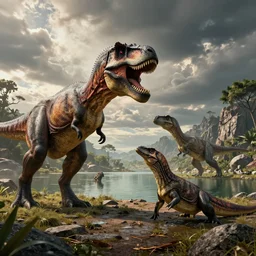 amazing prehistoric landscape photo of tyrannosaurus and komodo fighting beside the lake, beautiful dramatic lighting