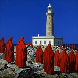 worshippers in red robes belonging to the cult of the lighthouse on the rocky shore right in front of the lighthouse, high detailed beksinski painting, part by adrian ghenie and gerhard richter. art by takato yamamoto. masterpiece, deep colours, blue