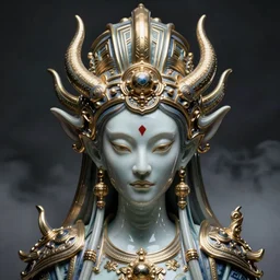 a highly detailed matte painting portrait of a porcelain humanoid demon wearing a massive ornate headdress made of realistic metal and sci fi armor, art deco, cinematic lighting, smooth, dark sci fi, unreal engine, octane render, by blizzard studios, golden rule, subject in center of frame, fog volumes, cgsociety