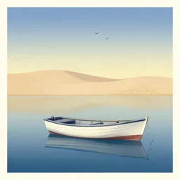 a neo retro poster of little traditional boat at bassin d'arcachon lac, a sand dune in the background (((with 3 birds in the sky))), australian tonalism, pale gradients design, matte drawing, clean and simple design, outrun color palette. painted by Morandi, Agnes Pelton