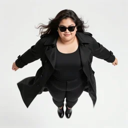 thick chubby filipina telekinetic superhero, long black trench coat, sunglasses, sly grin, fully clothed, exaggerated perspective, flying toward camera, beautiful detailed face, bright blue hair, action pose, comic book style, highly detailed, dynamic shadows, dynamic lighting, geoff johns, jason fabok, jason fabok, brad anderson, splash art