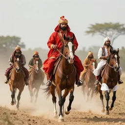 a Rajput warrior riding a horse and others are following him,8k Cinematic