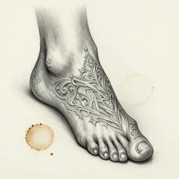 a humanoid foot, sketch, pencil art, concept art, coffee stain, insanely detailed and intricate, hypermaximalist, elegant, ornate, hyper realistic, super detailed