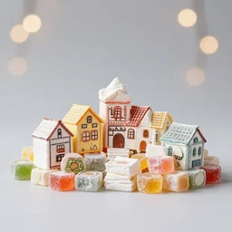 professional studio photo of tiny village made sweets, candys and turkish delight, ultra High resolution, bokeh effect, light studio photo