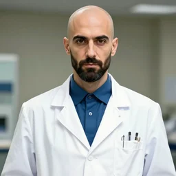 In the style of JoJos Bizarre Adventure: Wide shot of a handsome bald italian scientist with brown eyes and a full beard wearing a white labcoat laughing maniacally at his glowing sparking creation on the table. His pose stance is unnaturally wide as he tilts his head looking directly at the camera with piercing eyes and flowing blue green aura emanates from his body, ultra high resolution, intricate details
