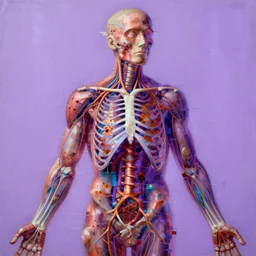 a beautiful glitched painting by robert proch of an anatomy study of the human nervous system, color bleeding, pixel sorting, copper oxide and rust materials, brushstrokes by jeremy mann, cold top lighting, pastel purple background