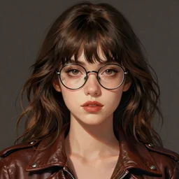 portrait of a young woman with bangs, wavy brown hair and bangs, wearing round thin - rimmed glasses and a leather jacket, she has a big, round jawline, dramatic lighting, illustration by greg rutkowski, yoji shinkawa, 4 k, digital art, concept art, trending on artstation