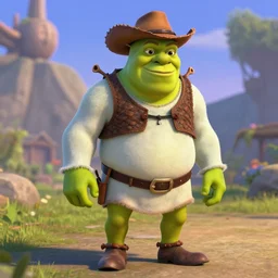 Shrek as a cowboy, made by Dreamworks Animation, trending on artstation, 8k, hyperdetalied