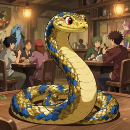 a humanoid snake with golden scales and blue accents across its design, seated in a lively tavern full of fantasy spirits and heroes, warm lights, lighthearted celebration, art by yuji ikehata and satoshi kon, background art by miyazaki, realism, proper human male proportions, fully clothed, dungeons and dragons, anime