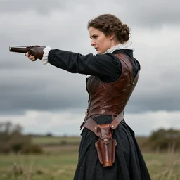 a portrait of a governess in a shooting pose. elements of the picture should include leather gear, a cloudy day, or a thigh holster