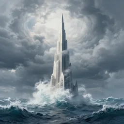 heavenly ocean monument rising from a tumultuous sea into swirling cloudy skies, sylvain sarrailh, ismail inceoglu, alena aenami, artstation