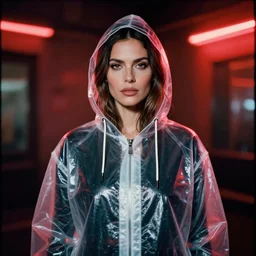 A realistic and detailed portrait photography of a woman wearing a futuristic transparent raincoat with hoodie. by Annie Leibovitz. Neo noir style. Cinematic. Red neon lights and glow in the background. Cinestill 800T film. Lens flare. Helios 44m. Ultra detail. Photoreal. Depth of field.