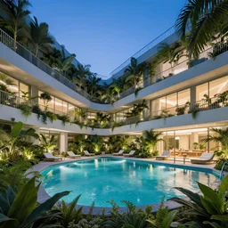 The atrium of a refurbished contemporary building filled with tropical plants and lush swimming pool, project by Kengo Kuma, blue hour, 4k