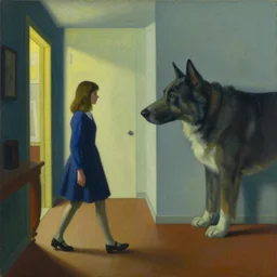 a painting of a girl walking in a hallway and suddenly finds a giant dog blocking her way, a highly detailed edward hopper painting, by adrian ghenie and gerhard richter. art by remedios varo. masterpiece, flat surreal design with deep colours. 8 k. artstation