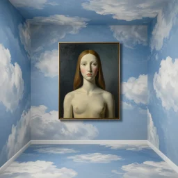 room with cloud wallpapers, painting by rene magritte, centered, high detail, high resolution