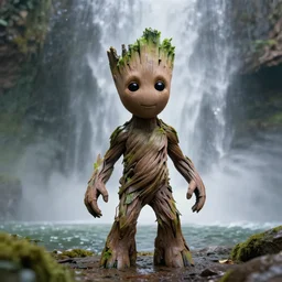 photorealistic wide shot focus portrait of Groot, under waterfall, bokeh, octane render, unreal engine 4k, volumetric lighting, mist, detailed