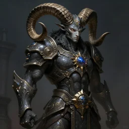 dark oracle with ram horns, NGE dark fantasy, medium shot, intricate, highly detailed, digital painting, volumetric light, artstation, concept art, smooth, sharp focus, illustration, art by Greg Rutkowski and Alphonse Mucha, 8K
