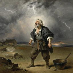 a happy, old peasant man is laughing in the middle of a thunder storm, sketch by Rembrandt