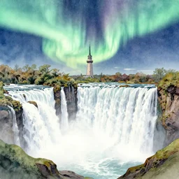 landscape drawing of a tower above a wide waterfall, aurora watercolor, intricate linework, stunning artwork, highly detailed, trending on artstation,