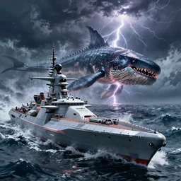 a semi futuristic warship being attacked by a Leviathan while in the stormy chaotic ocean, octane render, cinematic, epic, lightning,
