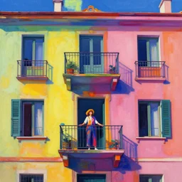 concept art of a person standing on a balcony in front of a multicolored building, a photo by juliette leong, featured on flickr, synchromism, chromatic, vivid colors, colorful