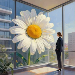 huge daisy flowers head, woman in suit, standing next to modern window in luxury apartment, surreal photography, sunlight, impressionist painting, digital painting, artstation, simon stalenhag
