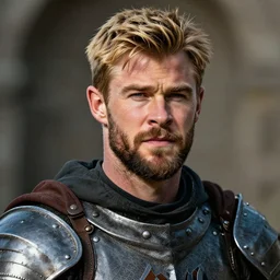 portrait medieval knight'short beard'' short blonde hair'greg rutkowski chris hemsworth trending artstation realistic detailed