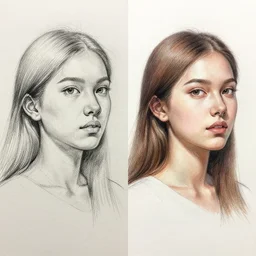 a pencil sketch on the left, and a colorized version of that sketch on the right