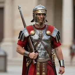 a photo of a roman legionnaire holding a rifle