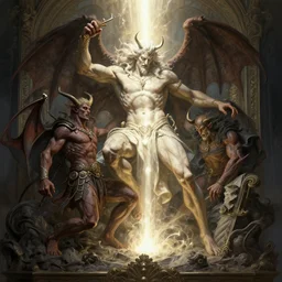 a detailed sculpture of god of light crushing satan underfoot, demonic, demon, viking, by greg rutkowski and justin gerard, digital art, monstrous, art nouveau, baroque style, realistic painting, very detailed, fantasy, dnd, character design, top down lighting, trending on artstation