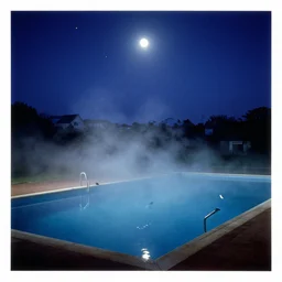 vintage swimming pools, fog, birds, moon rays through the fog, night sky, yellow stars, deep blue mood, contemporary archival color photograph print from the original negative, by stanley kubrick