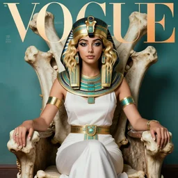 bust portrait of girl sitting on bones throne, egiptian goddes costume, blonde, curly hair, clean face, provocative make up, symmetrical face, looking straight, smooth skin, jewelry,, ecstasy, cute, fashion editorial photography, from vogue magazine, ultra realistic, reflections, teal and orange, natural eyes