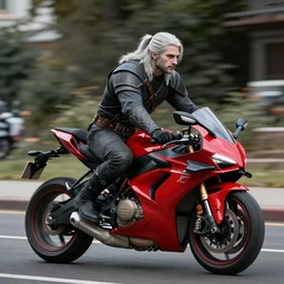 geralt from witcher 3 rides red sports bike