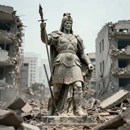 statue of a warrior standing in the destroyed city