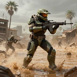 The Taliban fighting the Flood from Halo on a Halo Ring art in the style of the concept artist Sparth.