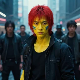 red - haired japanese male teenager with yellow skin, blue face markings, gang in background, bladerunner 2 0 4 9, city, cinematic, film still