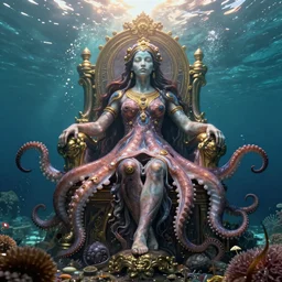 a detailed wide angle portrait of the goddes yemoja using symbiotic octopus technology on her underwater throne, unreal engine, fantasy art by greg rutkowski, loish, rhads, ferdinand knab, makoto shinkai and lois van baarle, ilya kuvshinov, rossdraws, tom bagshaw, radiant light, detailed and intricate environment
