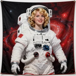Edwardian tapestry of a hopeful pretty astronaut lady with a wavy blonde hair, 4k resolution, nier:automata inspired, bravely default inspired, vibrant but dreary but upflifting red, black and white color scheme!!! ((Space nebula background))