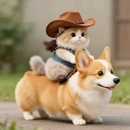 fluffy cat in cowboy hat like a tiny girl riding on the back of a giant corgi by greg rutkowski